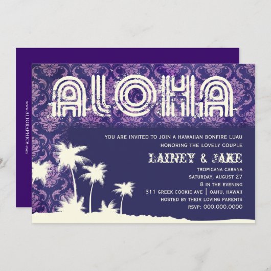 GC Aloha Luau Palm Lila Einladung (Vorne/Hinten)