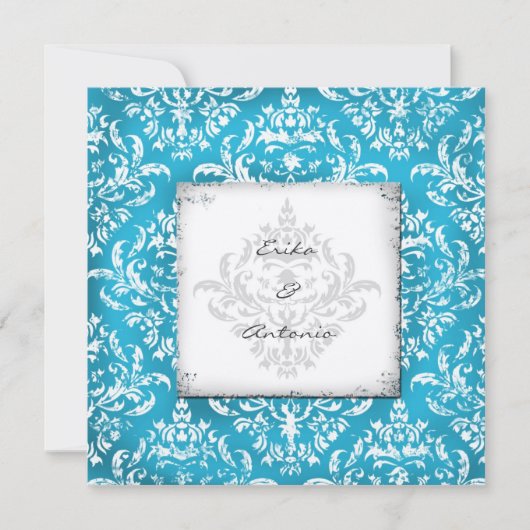 GC| Erika Vintag Damask Turquoise Golden Metalli Einladung (Vorderseite)