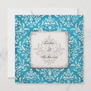 GC Erika Vintag Damask Turquoise Golden Metalli Einladung