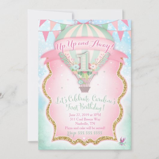 GC Heißluftballon Erster Geburtstag Caroline Einladung (Vorderseite)