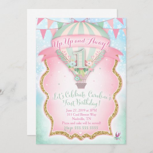 GC Heißluftballon Erster Geburtstag Caroline Einladung (Vorne/Hinten)