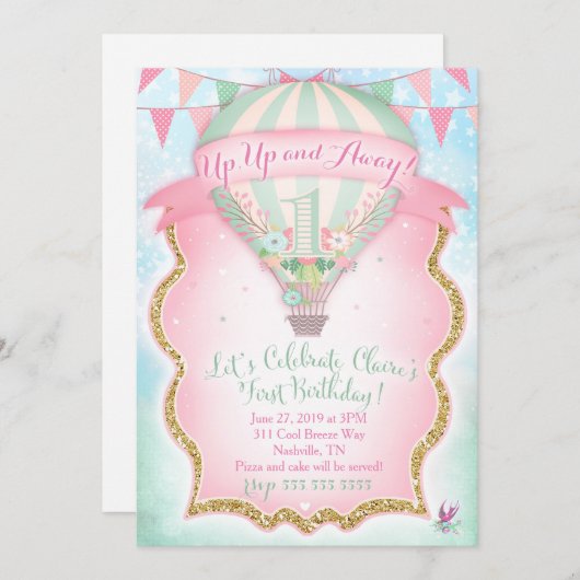 GC Heißluftballon Erster Geburtstag Claire Einladung (Vorne/Hinten)