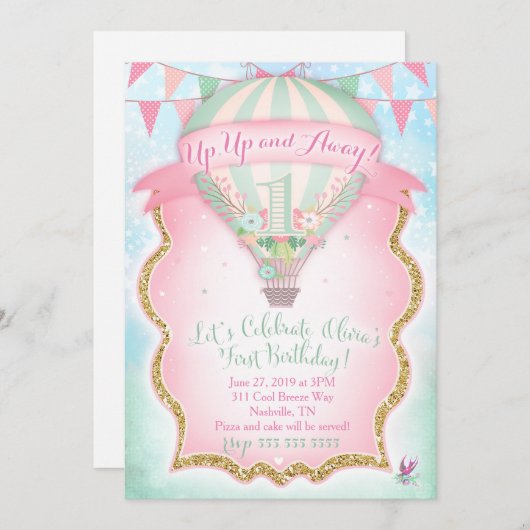GC Heißluftballon Erster Geburtstag Olivia Einladung (Vorne/Hinten)