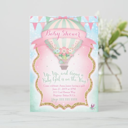 GC Hot Air Balloon Baby Shower Girl Einladung (Stehend Vorderseite)