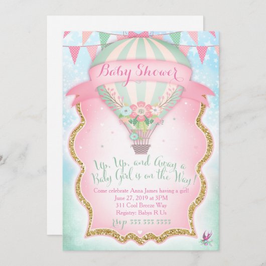 GC Hot Air Balloon Baby Shower Girl Einladung (Vorne/Hinten)