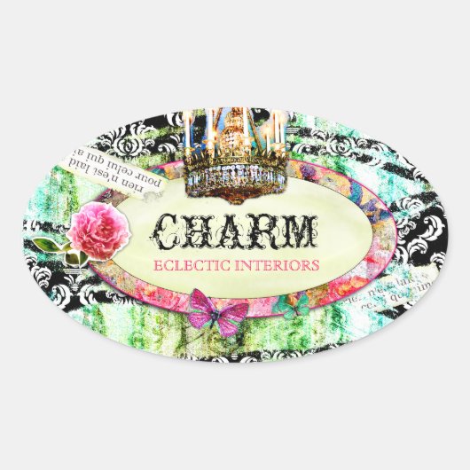 GC | Shabby Vintag Charm - Black Damask Ovaler Aufkleber (Vorderseite)