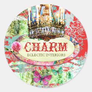 GC Shabby Vintag Charm - Red Turquiose Damask Runder Aufkleber