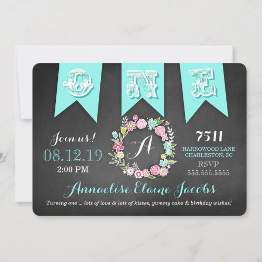 GC Turquoise Girl First Birthday Banner Chalkboard Einladung (Vorderseite)