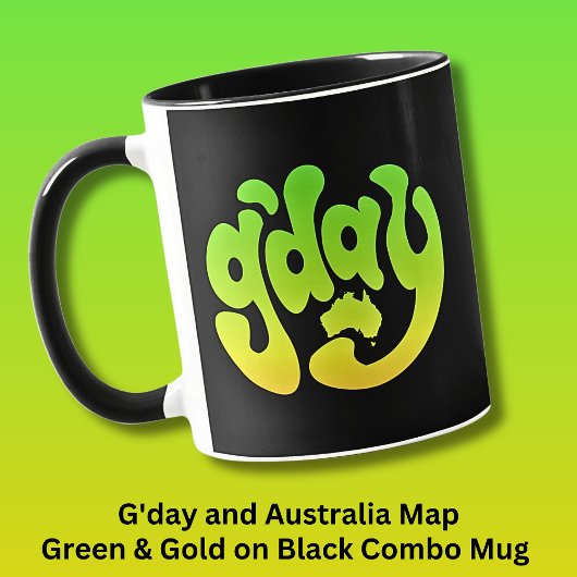 G'DAY mit Australien Karte Green Gold auf schwarz Tasse