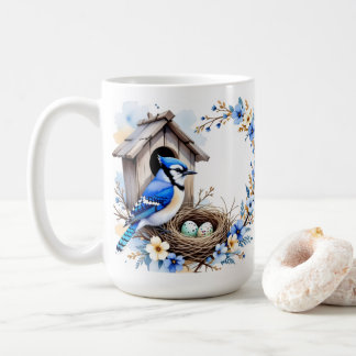 Geai bleu sur nichoir – Illustration florale paste Kaffeetasse