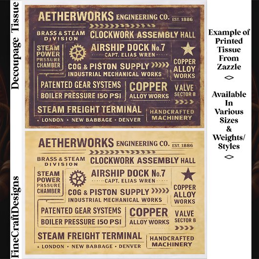 Gealterte distressed Steampunk-Arbeitsschilder FA8 Seidenpapier