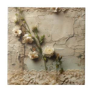 Gealtertes Papier mit weißem rustikalen Blumenmoti Fliese