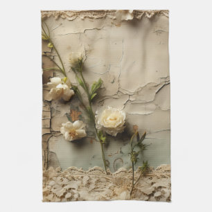 Gealtertes Papier mit weißem rustikalen Blumenmoti Geschirrtuch