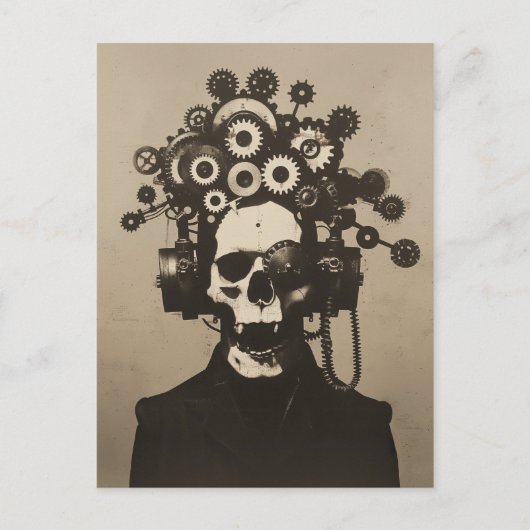 Gear Head Steampunk Skull mit Gothic Flair Sepia Postkarte (Vorderseite)