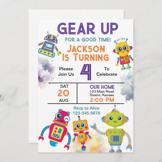 Gear Up Robot Birthday Party Einladung (Vorne/Hinten)