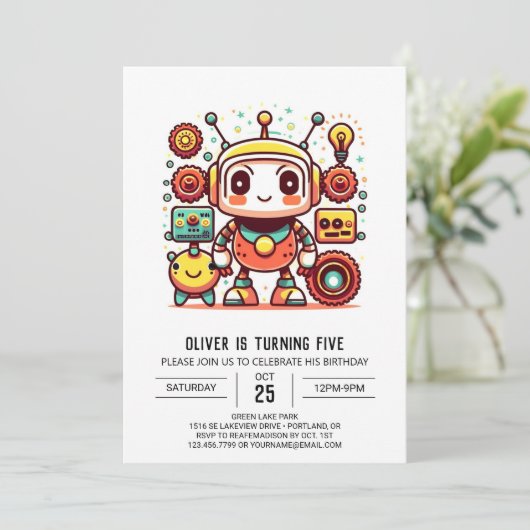 Gears Niedlich Custom Robot Geburtstag Einladung (Stehend Vorderseite)