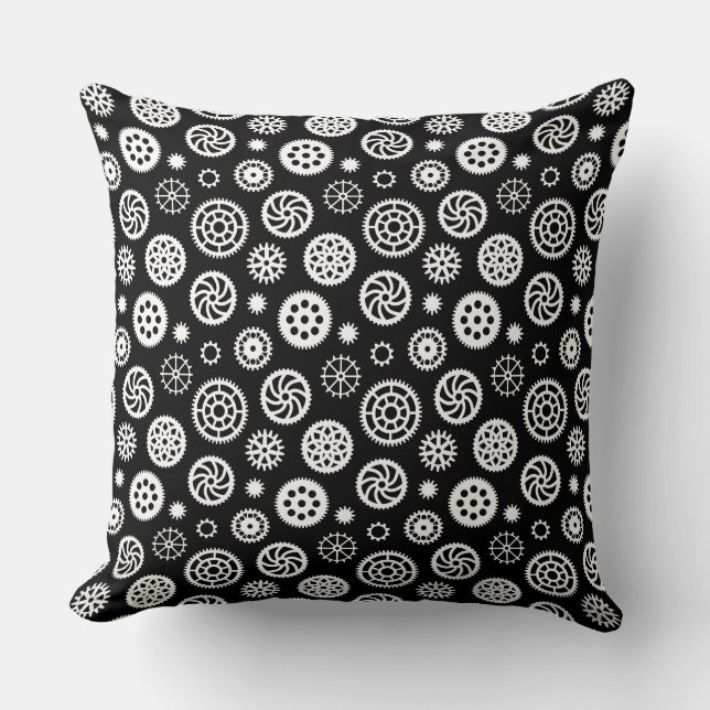 Gears Pattern 070819 - Weiß auf Schwarz Kissen (Vorderseite)