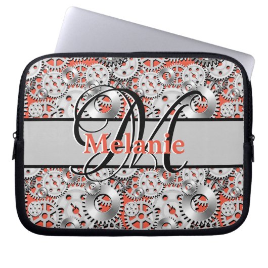 Gears Silver Orange Steampunk Mechanik Laptopschutzhülle (Vorderseite)