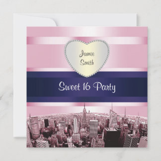 Geätzte NYC-Skyline 2P Rosa Blau Rbn H Sweet 16 Pt Einladung