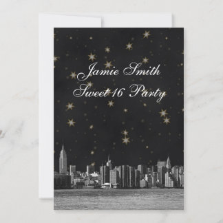 Geätzte NYC-Skyline #3 Schwarz Gold Stern Sweet 16 Einladung