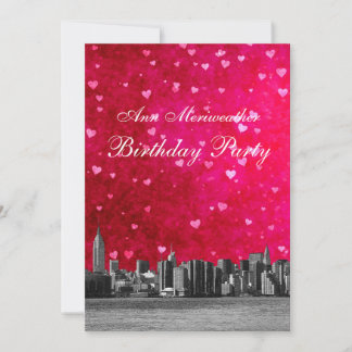 Geätzte NYC-Skyline Hot Pink Red Heart Geburtstag Einladung