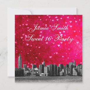 Geätzte NYC-Skyline Hot Pink Red Heart Sweet 16 Einladung