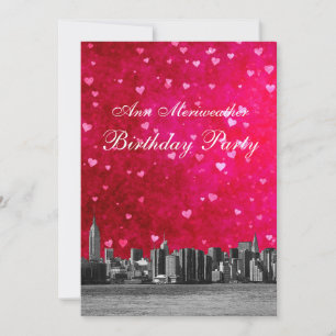 Geätzte NYC-Skyline Hot Pink Rotes Herz Geburtstag Einladung