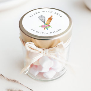 Gebacken mit Liebe Elegant Pink Blume Konditorei A Runder Aufkleber