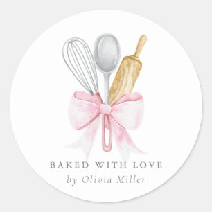Gebacken mit Liebe Elegant Rosa Bow Personalisiert Runder Aufkleber