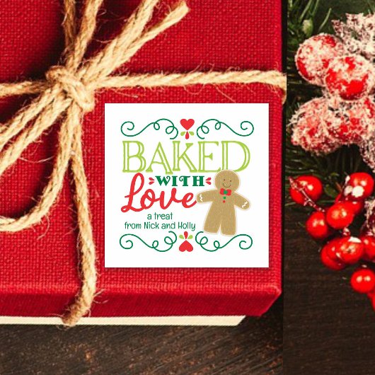 Gebacken mit Liebe Gingerbread Mann Feierliche Wei Quadratischer Aufkleber