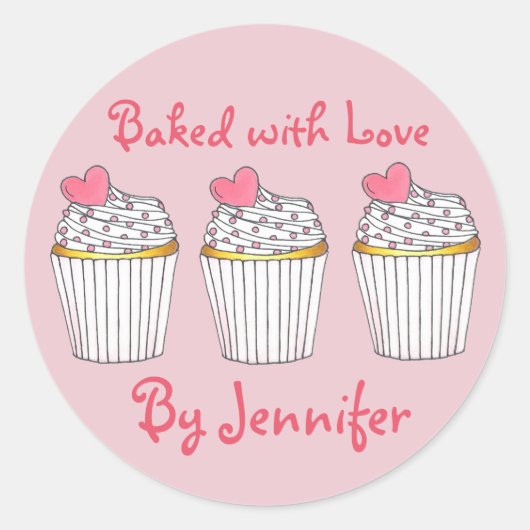 Gebacken mit Liebe Personalisiert Pink Cupcake Hea Runder Aufkleber (Vorderseite)