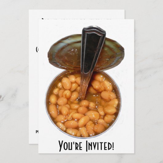 Gebackene Bohnen in der Blechdose mit Löffel Einladung (Vorne/Hinten)