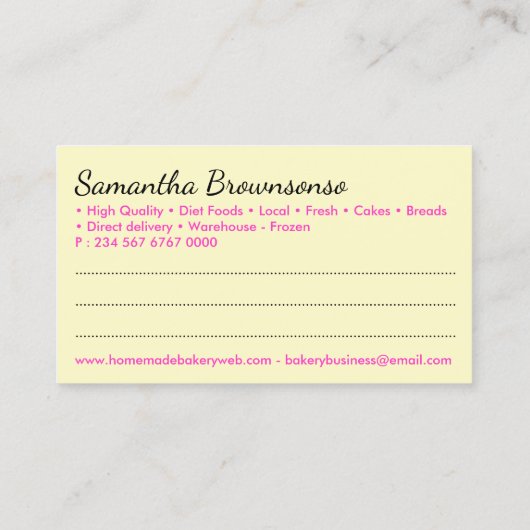 Gebäckgebäck aus gelbem Backgebäck Kochlieferung Visitenkarte (Rückseite)