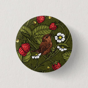 Gebärde und Erdbeeren auf dunkelgrün Button