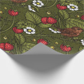Gebärde und Erdbeeren auf dunkelgrün Geschenkpapier (Ecke)