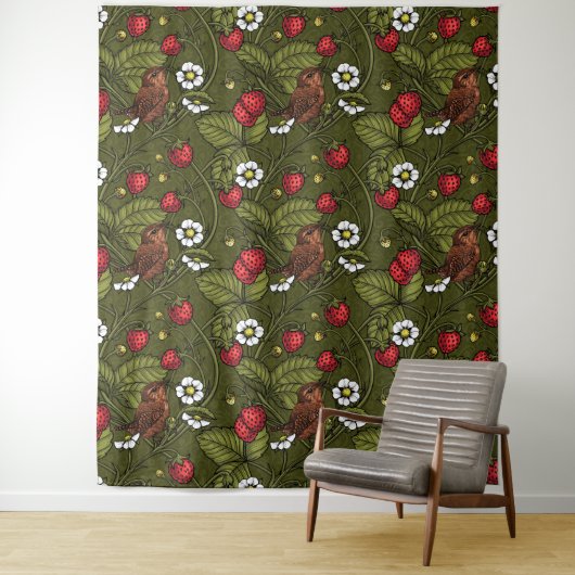 Gebärde und Erdbeeren auf dunkelgrün Wandteppich (Beispiel)