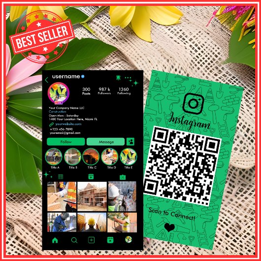 Gebäude Bau Instagram Grün | QR-Code Visitenkarte