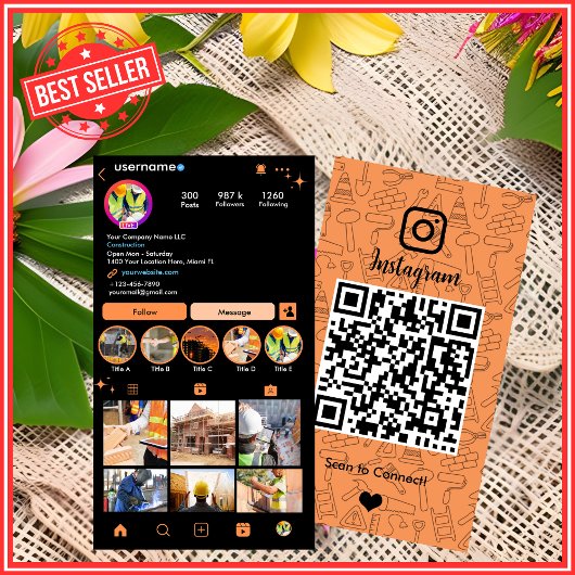 Gebäude Bau Instagram Orange | QR-Code Visitenkarte