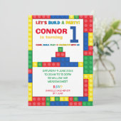 Gebäude Block 1. Geburtstag Party Farbige Steine Einladung (Stehend Vorderseite)