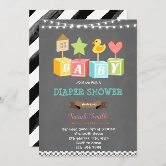 Gebäude-Block Babydusche Einladung (Vorne/Hinten)