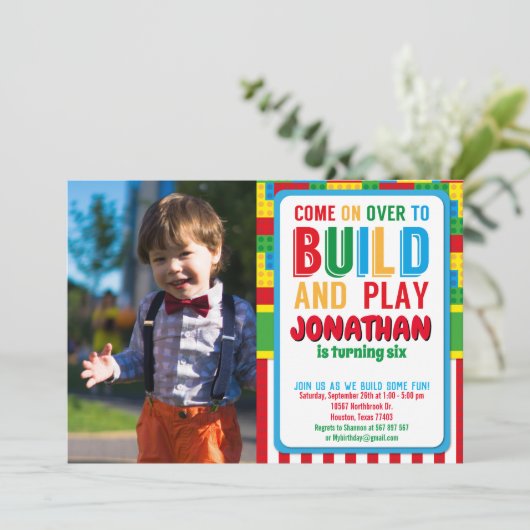 Gebäude Block Birthday Bricks Party Foto Einladung (Stehend Vorderseite)