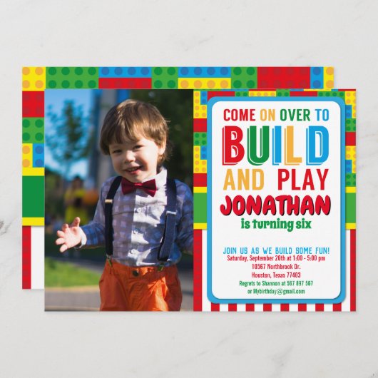 Gebäude Block Birthday Bricks Party Foto Einladung (Vorne/Hinten)