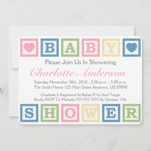 Gebäude blockiert Baby Shower Invitiations (pink) Einladung (Vorderseite)