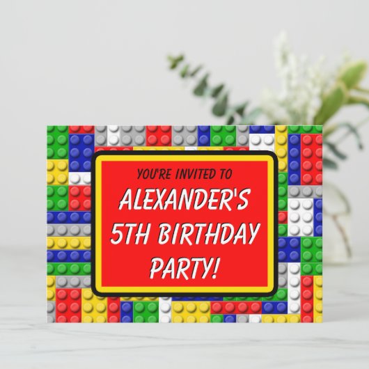 Gebäude blockiert den Primärfarbenjungen Geburtsta Einladung (Stehend Vorderseite)