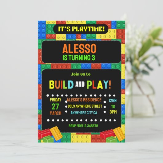 Gebäude blockiert Einladung digitaler Kinder Party (Stehend Vorderseite)