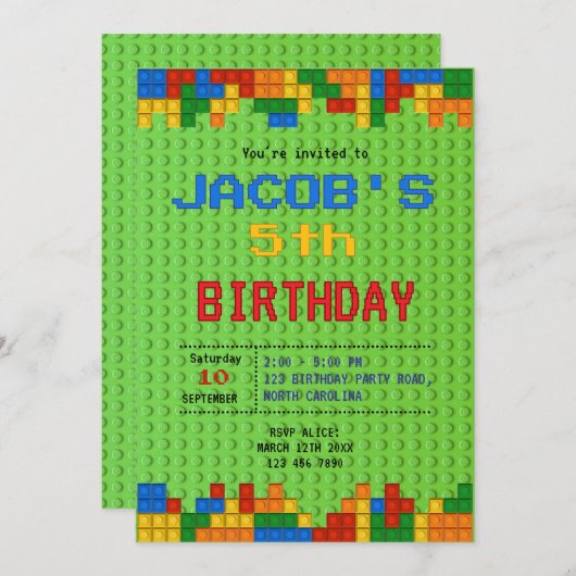 Gebäude Blocks Geburtstag Einladung (Vorne/Hinten)