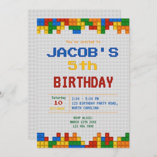 Gebäude Blocks Geburtstagsparty Einladung (Vorne/Hinten)