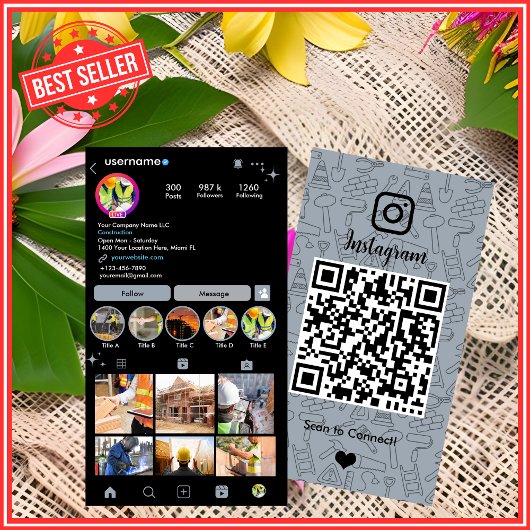 Gebäude Construction Instagram Dusty Blue QR Code Visitenkarte