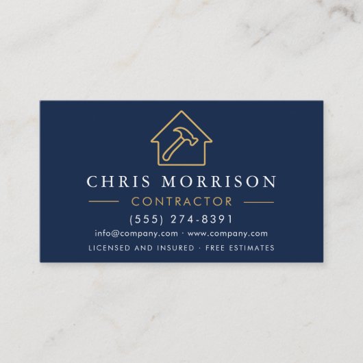 Gebäude Construction Navy Blue Gold QR Code Visitenkarte (Vorderseite)