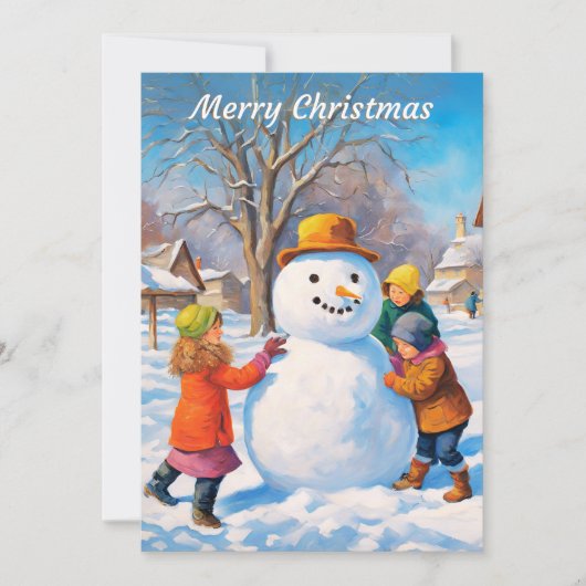 Gebäude Snowman Winter Snow Scene Frohe Weihnachte Feiertagskarte (Vorderseite)